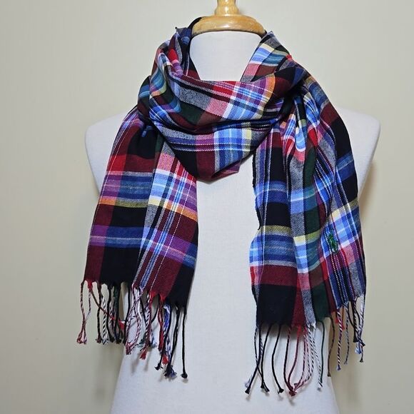 Polo Ralph Lauren Unisex Plaid Cotton Scarf Fringe Multicolor Preppy Academia - Picture 11 of 11